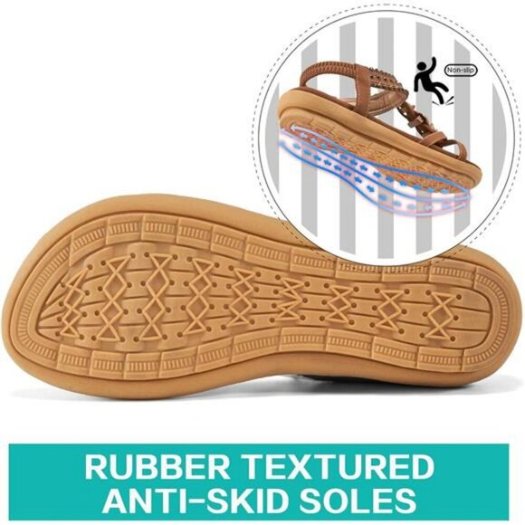 Womens Jeweled Boho Sandals Elastic Ankle Flats Non Slip Beach Walking Shoes - Picture 3 of 6